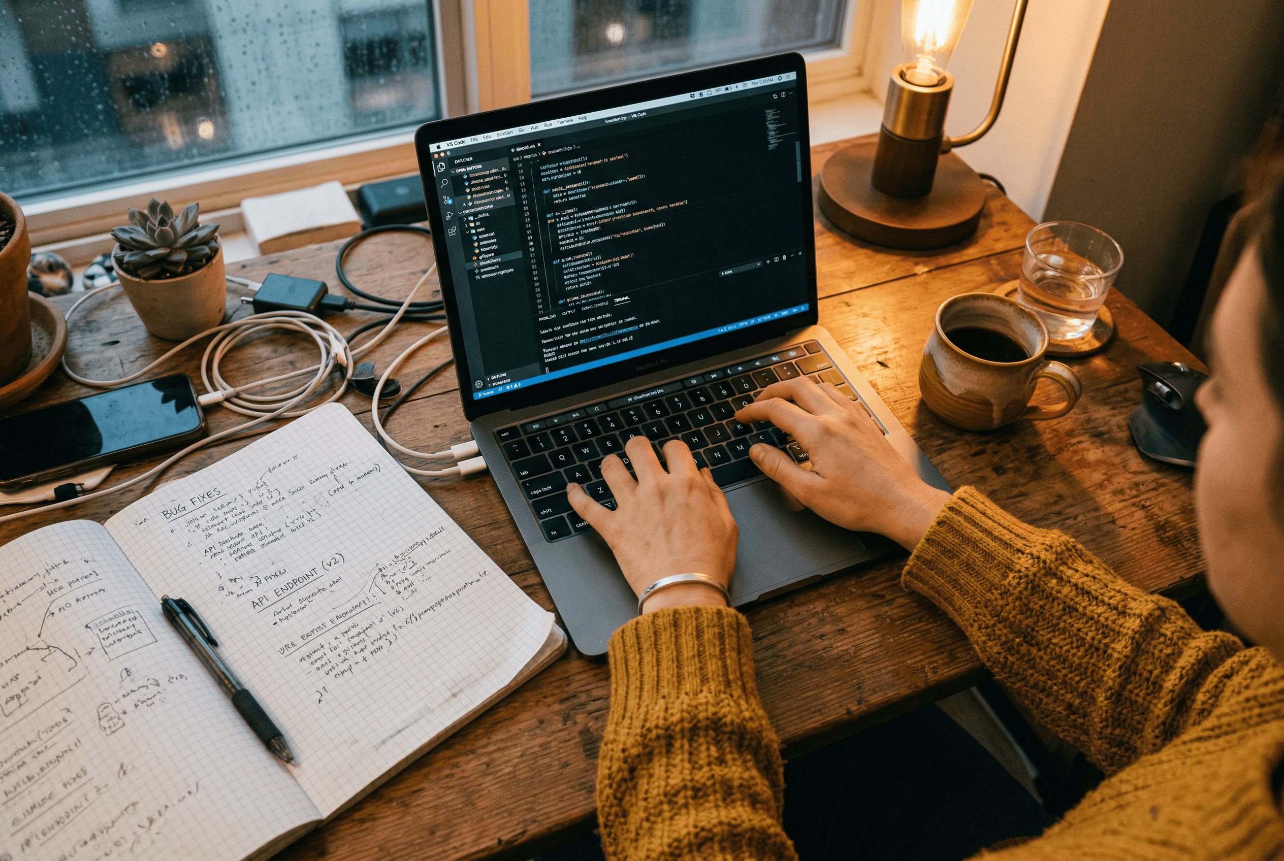 A developer workspace with laptop, notebook, and warm desk lamp